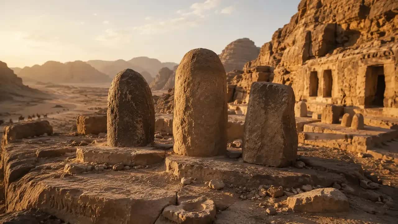 بازسازی هنری از سنگهای مقدس مرتبط با لات، عُزّی و منات در فضای باستانی عربستان پیش از اسلام